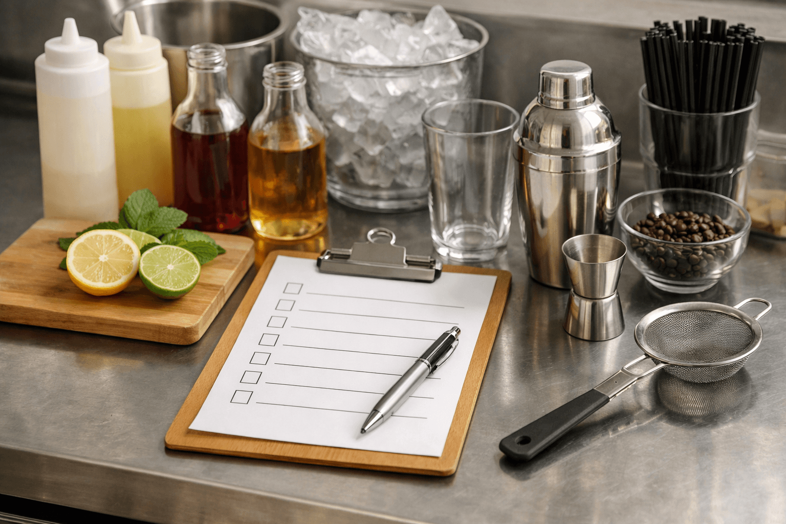 Quầy pha chế đồ uống lạnh với checklist an toàn thực phẩm và dụng cụ được sắp xếp gọn gàng