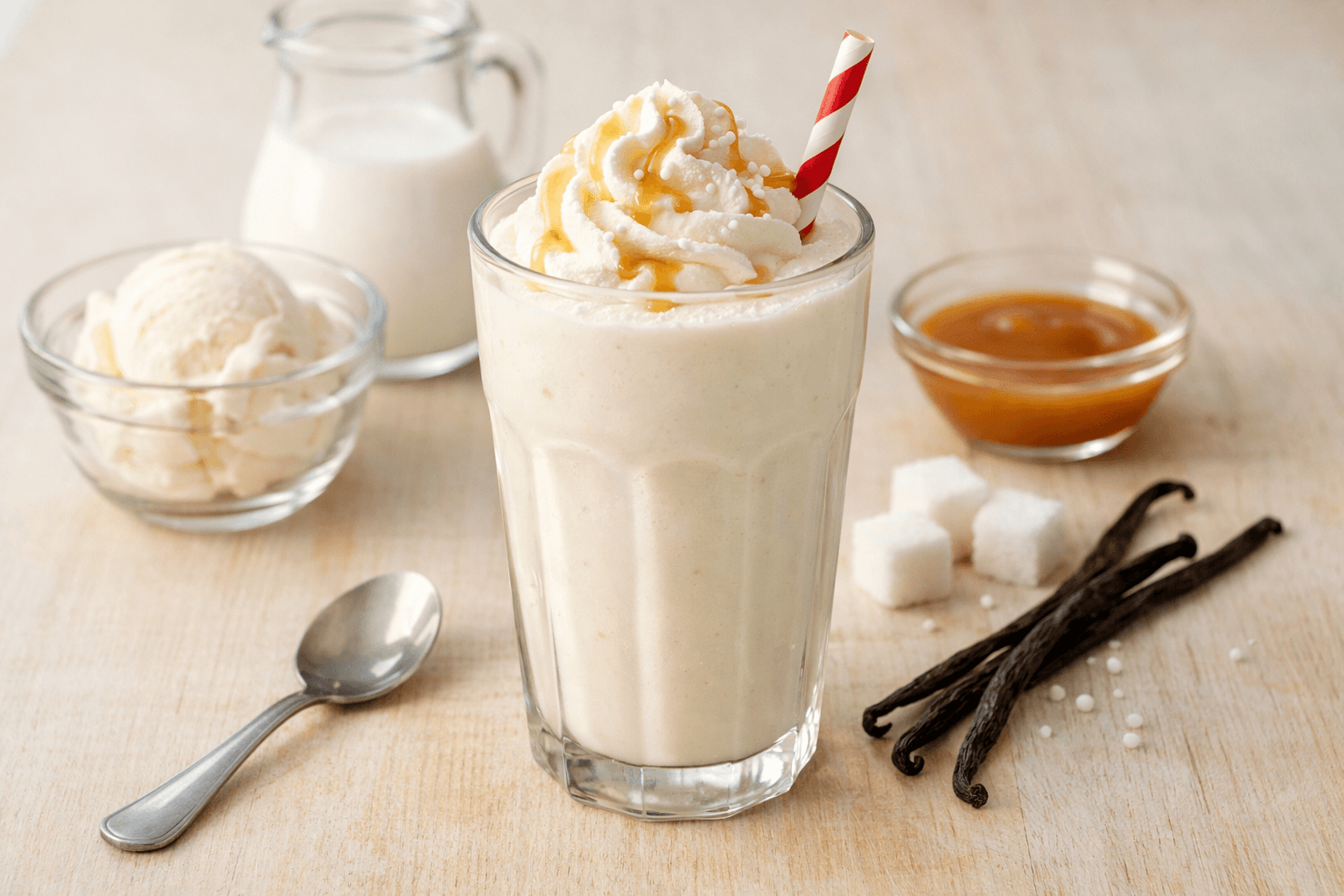 Ly milkshake kem đặc mịn pha tại nhà cùng thìa và nguyên liệu đơn giản