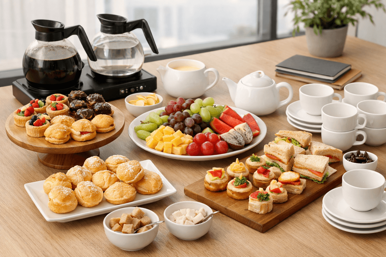 オフィスに設置された、ケーキ、フルーツ、紅茶、コーヒーを揃えた、すっきりとした20/10ティーブレイクコーナー