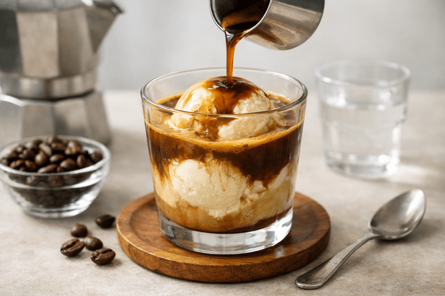 Affogato with gelato and freshly poured espresso