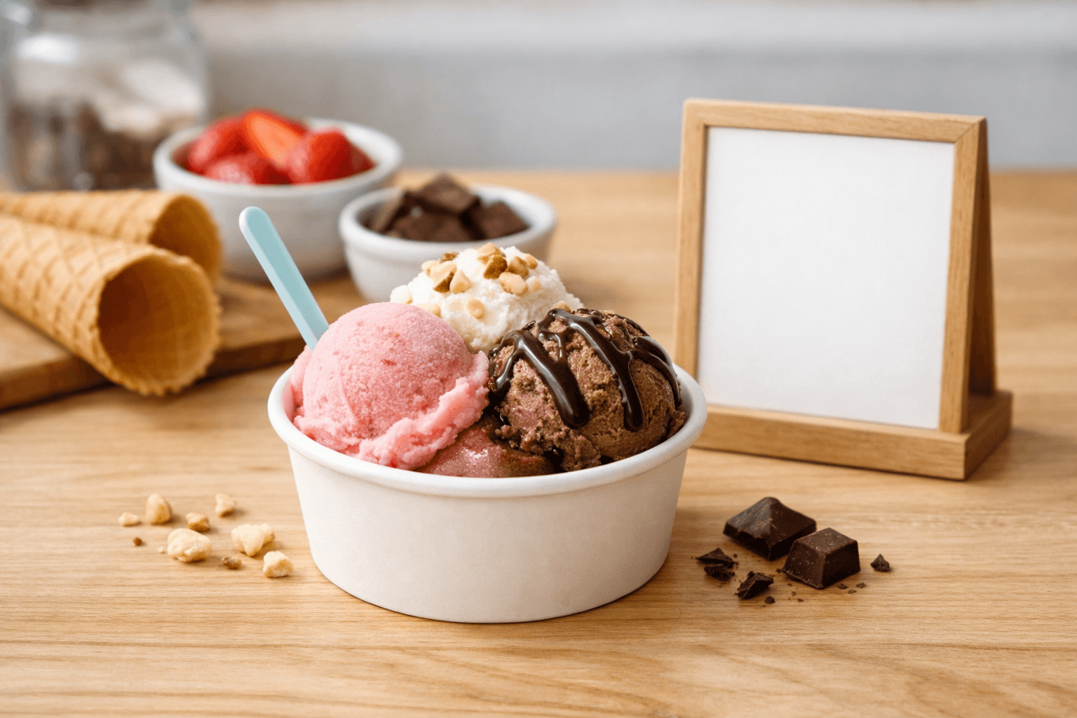Gelato on a wooden table next to a minimalist price board
