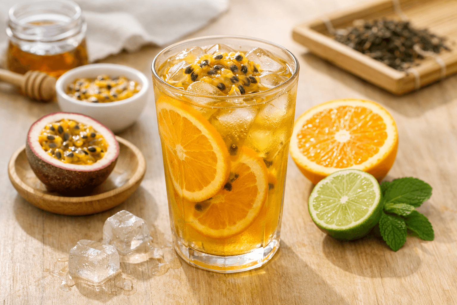 Fruit tea with orange and passion fruit on a refreshing tea base