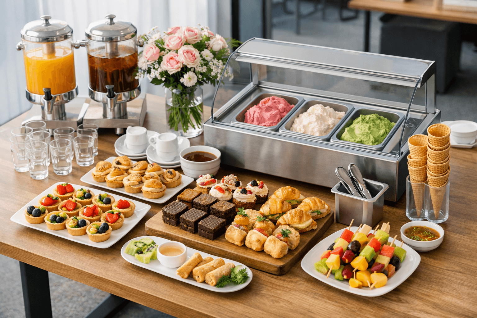 20/10 tea-break table at the office with flowers, drinks and a Gelato area