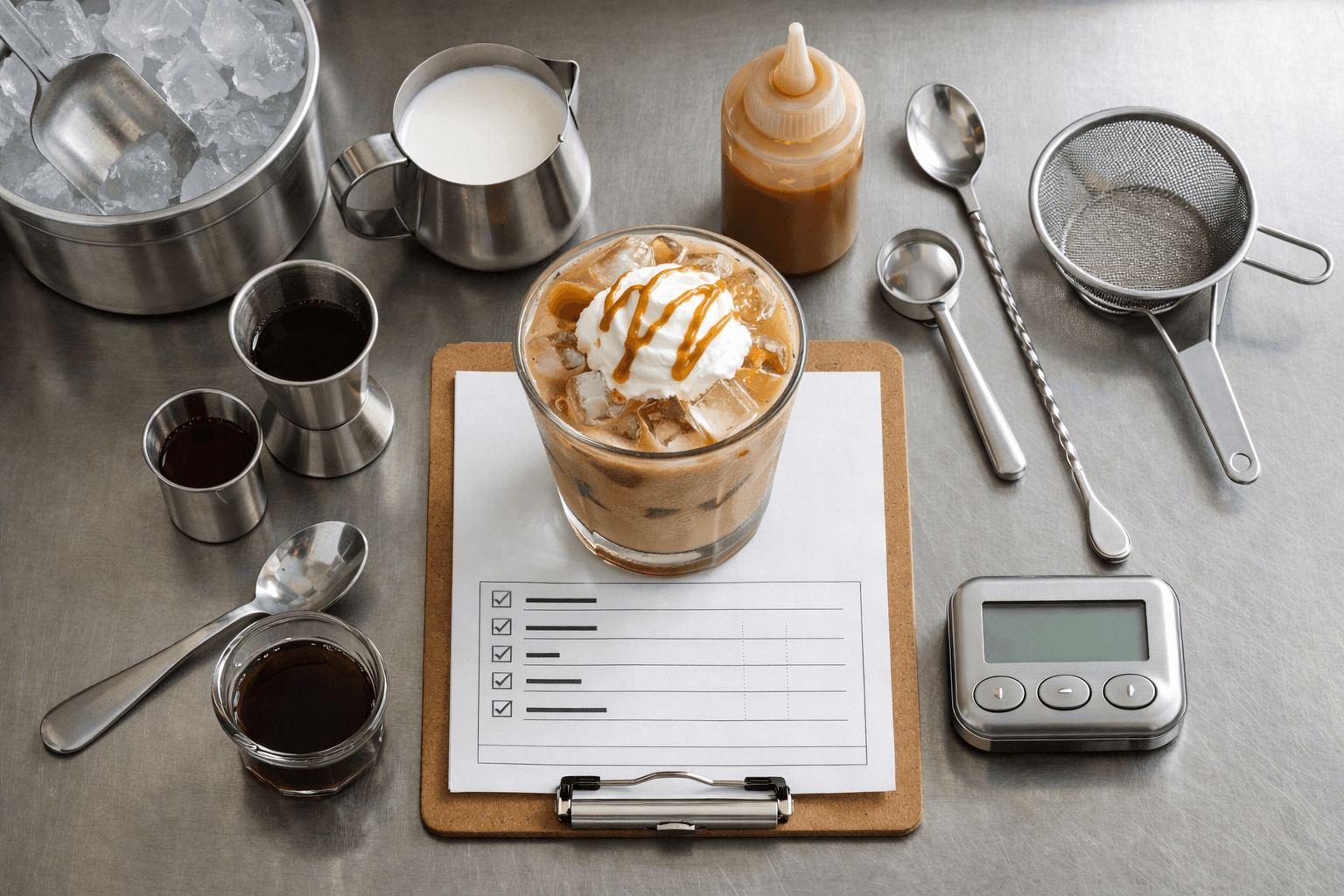 整然としたドリンクカウンターに置かれた、レシピシートと計量器具を添えた冷たいドリンクのグラス