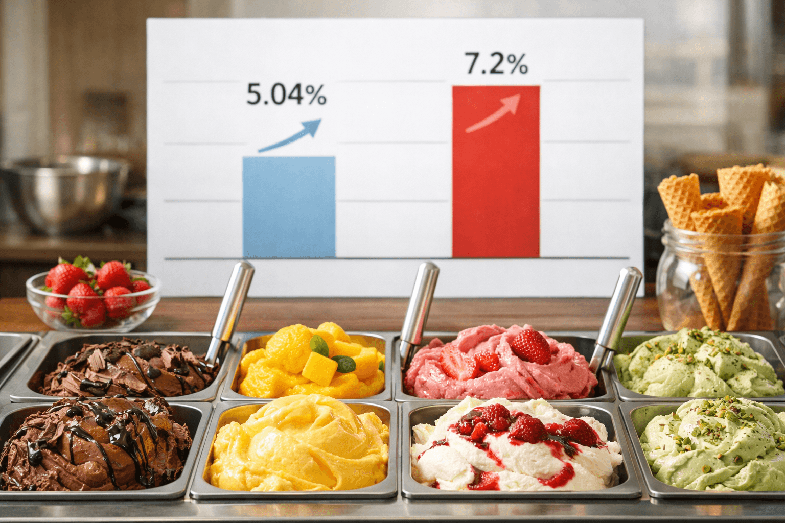 Quầy gelato bên cạnh số liệu giá dịch vụ ăn uống tăng 5,04% và tăng trưởng thực 7,2%