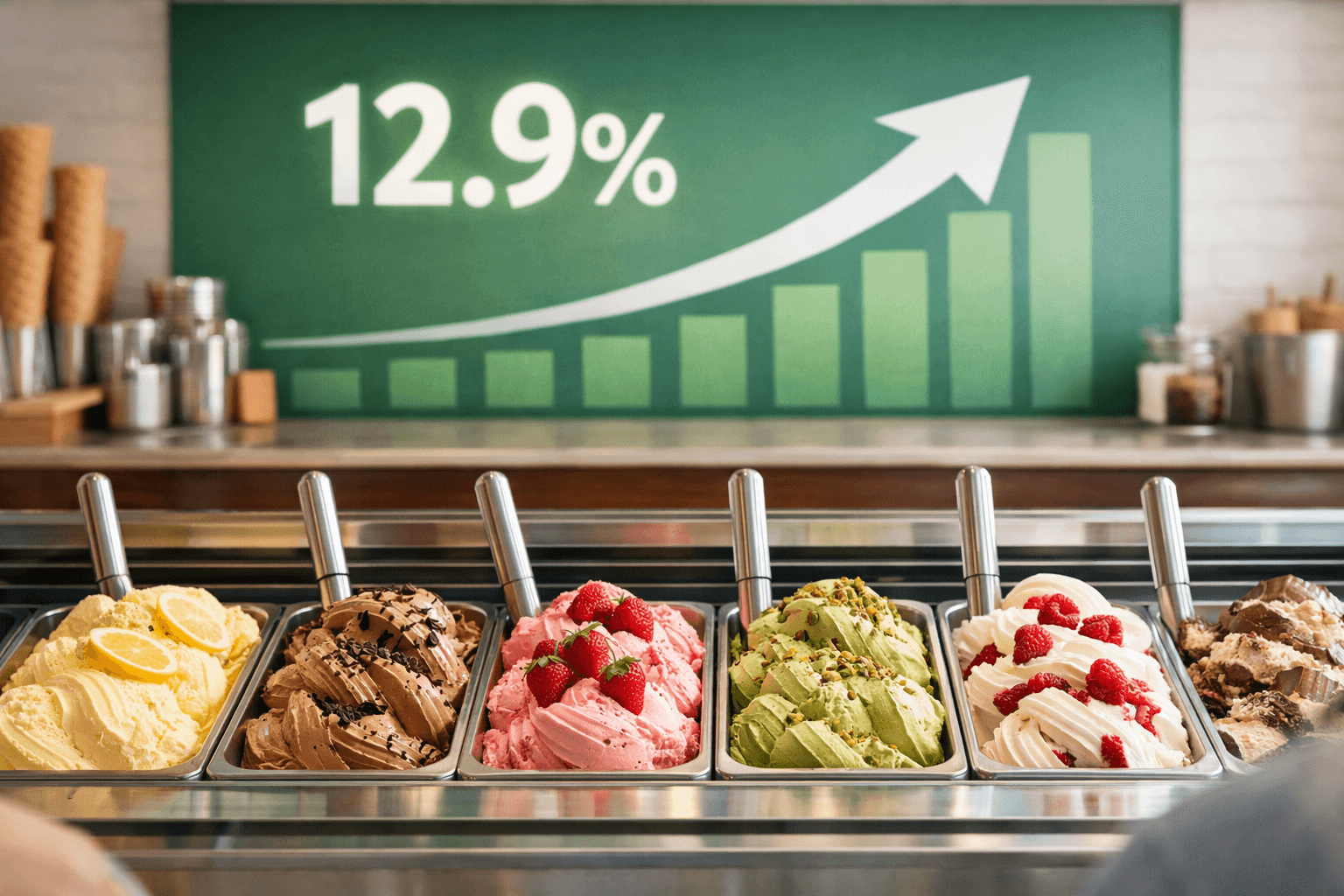 Quầy gelato cùng biểu đồ tổng bán lẻ và dịch vụ tiêu dùng tăng 12,9% trong sáu tháng đầu năm 2026