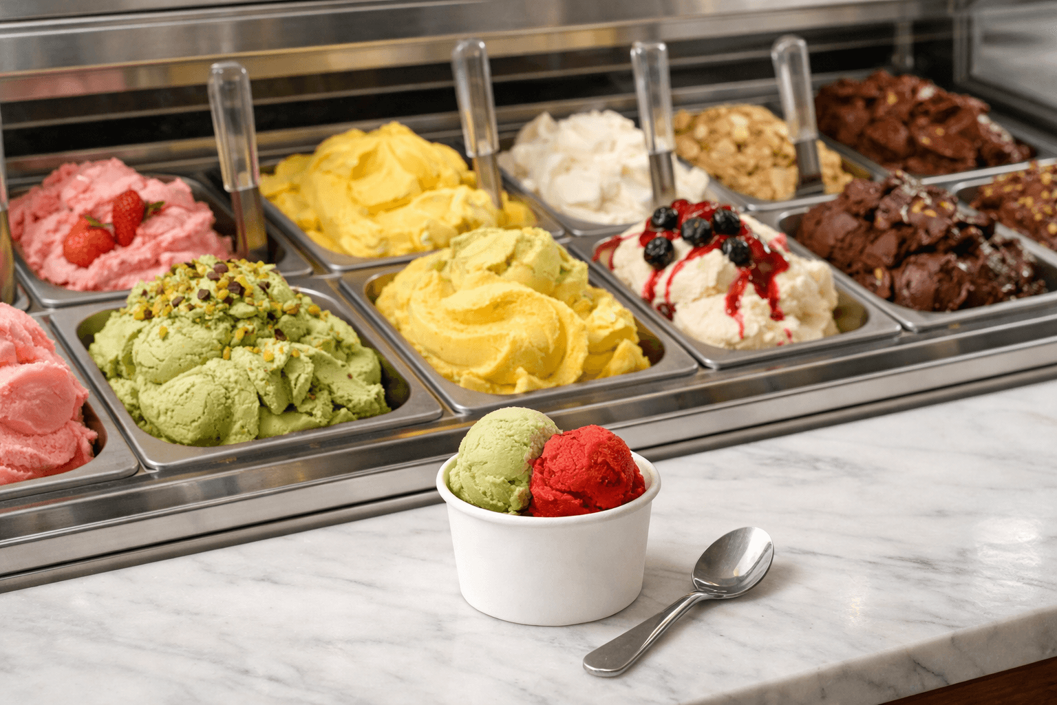 Multicoloured gelato trays in the display cabinet with cups and spoons