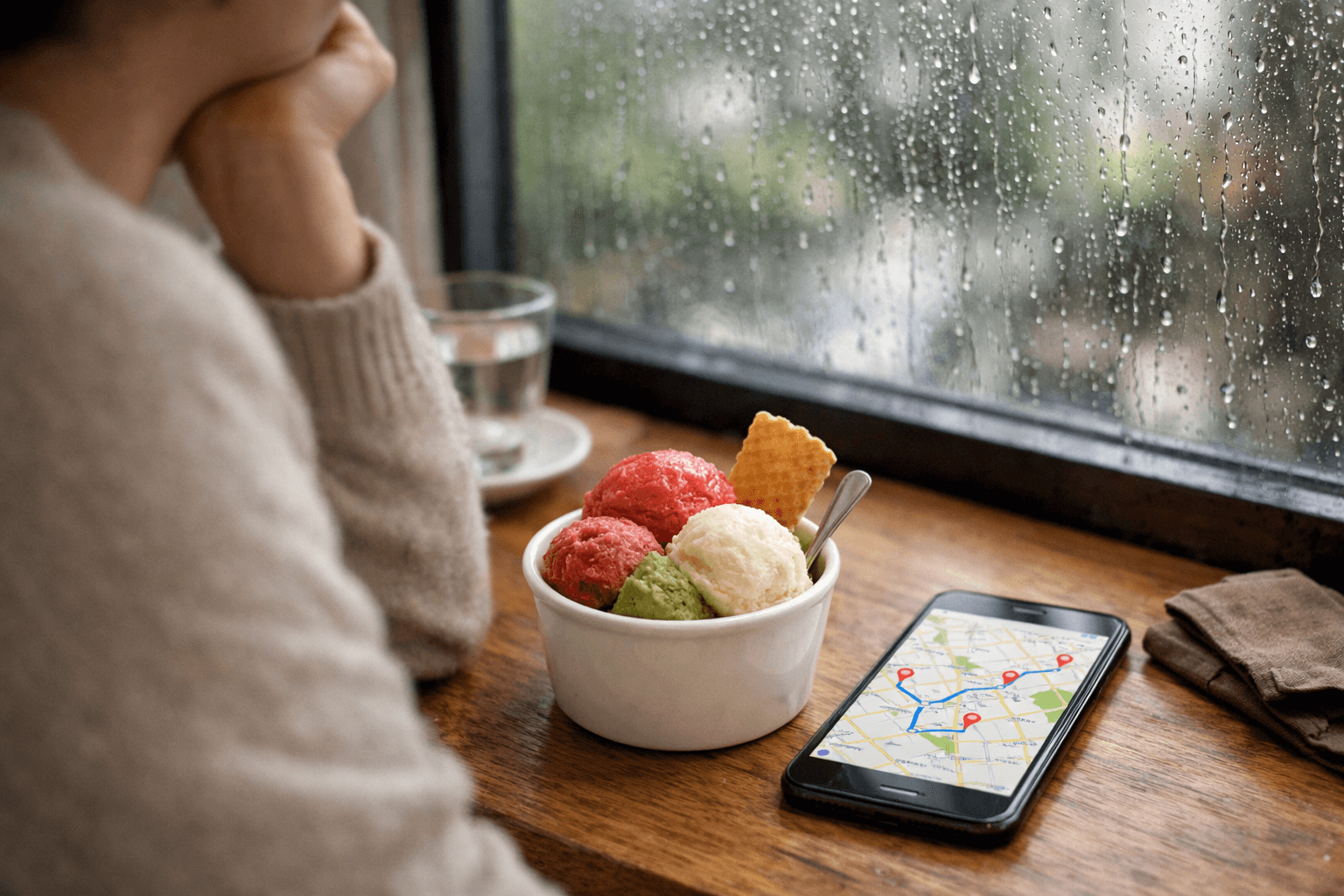 雨の日に窓辺でジェラートを味わいながら、携帯電話でルートを確認するユーザー