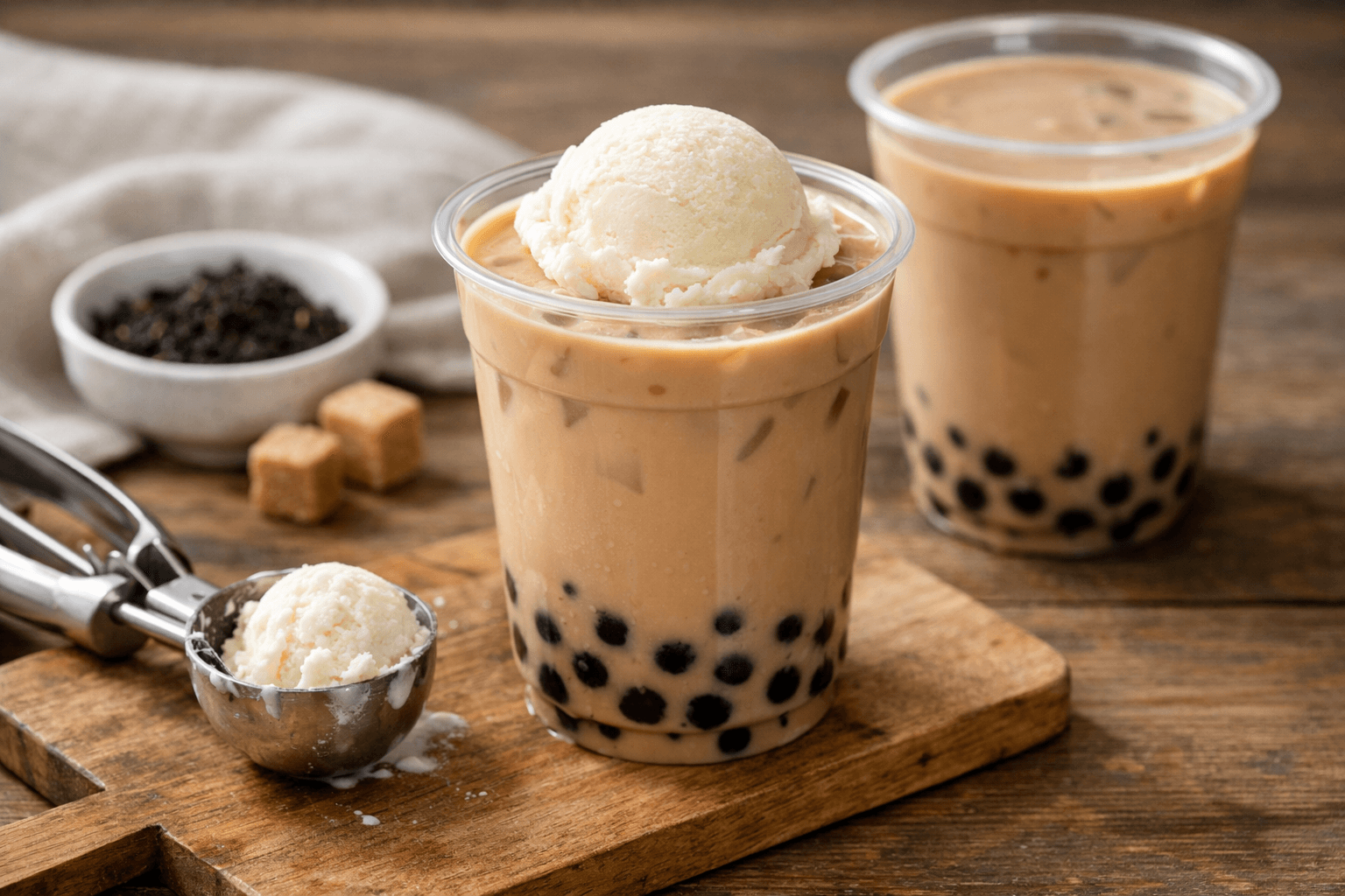Ly trà sữa phủ một viên Gelato đặt cạnh ly đối chứng chưa thêm kem