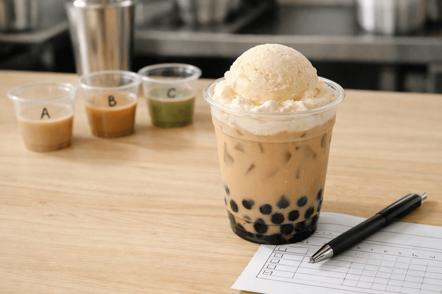 Ly trà sữa kem gelato cạnh phiếu thử vị tại quầy pha chế